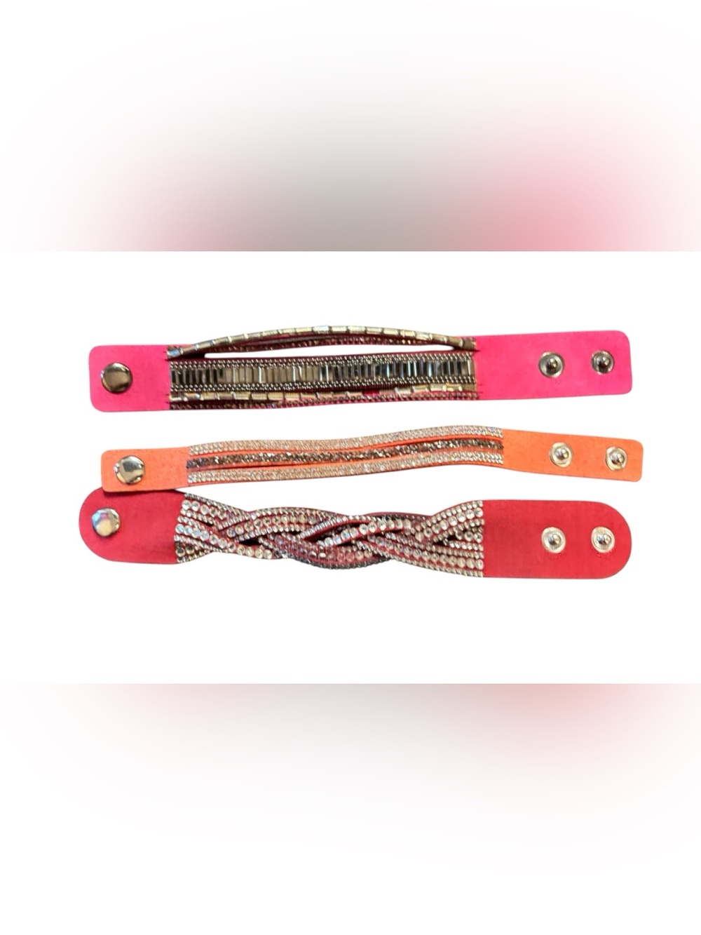 Rhinestone Braided and Bar Accent Snap Bracelets - Pink & Coral Set